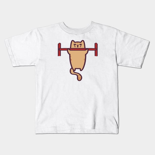 Gym Cat Pull Up Kids T-Shirt by ThumboArtBumbo